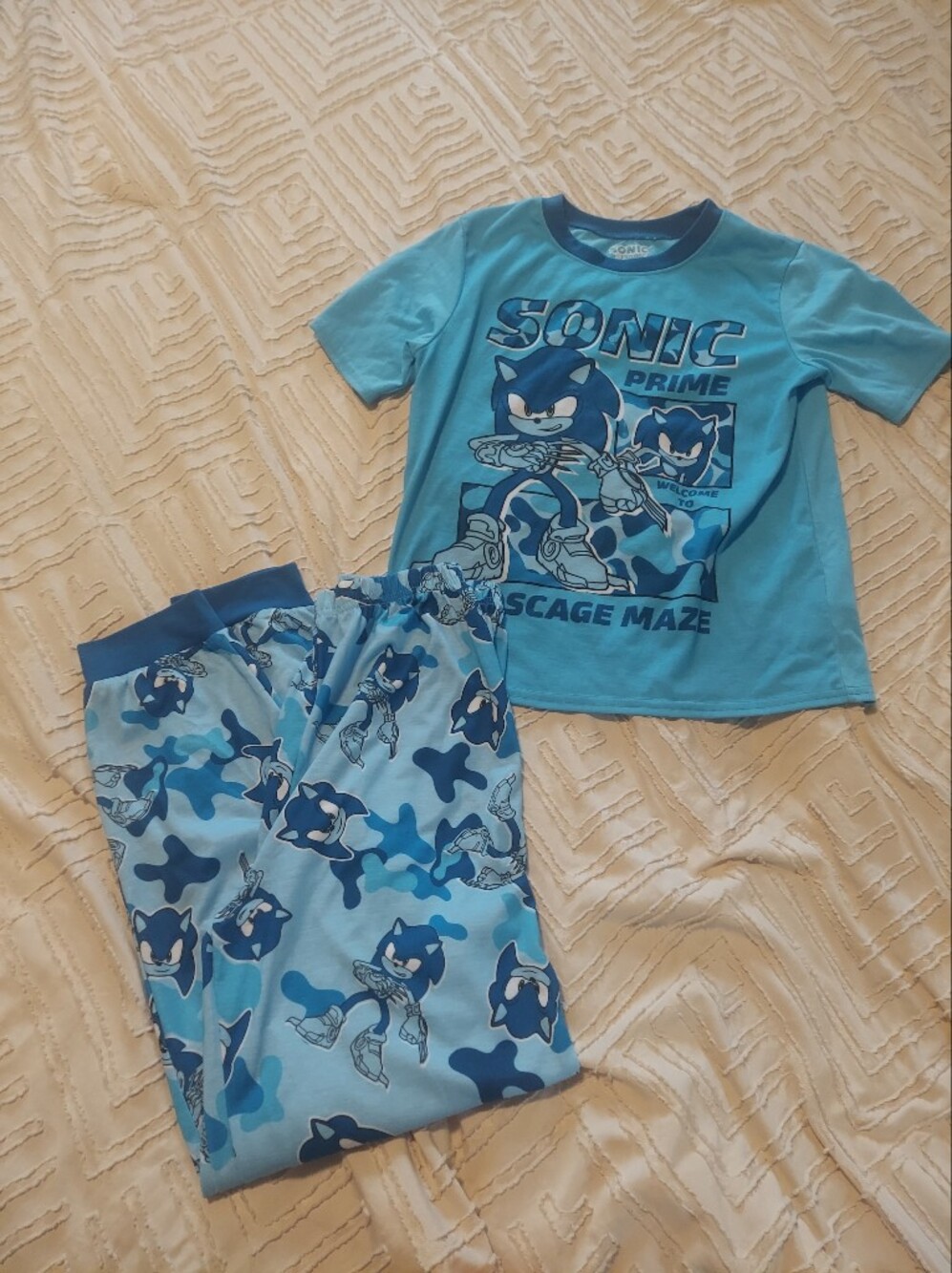 Sonic Prime Boys Pajama Set 2 Piece Blue Camo Graphic Sleepwear Size L 10/12